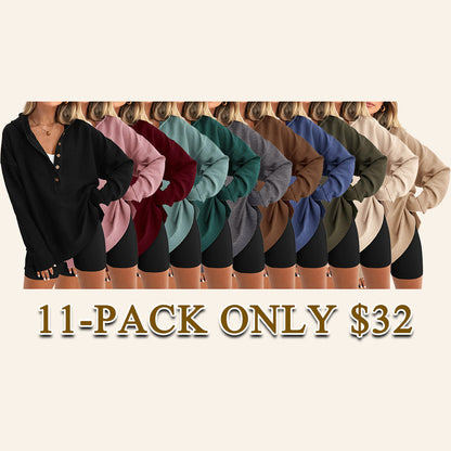 Women’s Oversized V-Neck Hoodie – Relaxed Button Pullover with Side Slits
